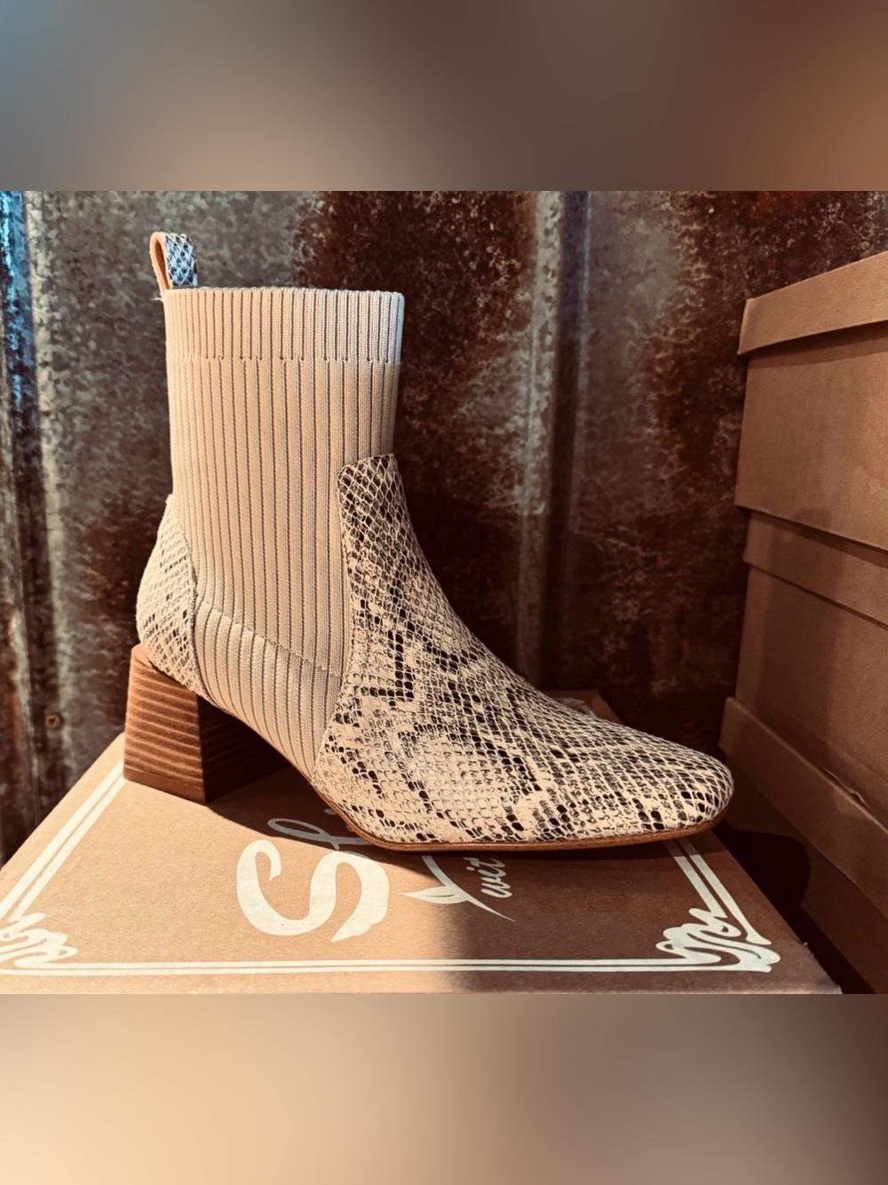 Snake-Print Sock Ankle Boot in Beige Cream